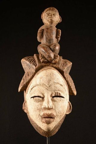 9418 Rare Punu Tribe Puka Shell Queen Mask Old African Wood Carved