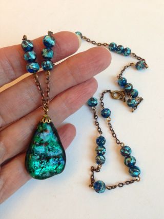 Pretty Antique Venetian Art Deco Turquoise Blue Glass Bead Pendant Necklace