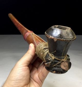Old Antique Large African Tribal Kuba Pipe Wood & Pottery From Congo Africa