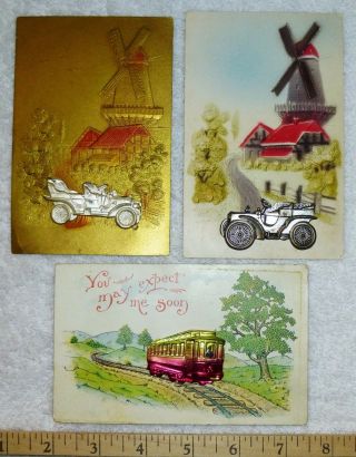 3 Antique Postcards Metal Add - On Roadster Automobile Street Car Trolley Windmill