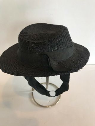 Antique Black Hat For Bisque Doll W Adjustable Chin Strap Child 