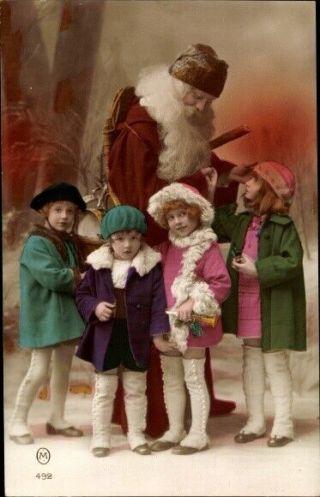 Long Robe Santa Claus With Children Antique French Photo Christmas Postcard - K961