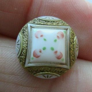 Gorgeous Antique Vtg Victorian White Glass Button Pink Roses Gold Luster (r)