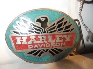 Rare Vintage Harley Davidson Turquoise And Coral Inlaid Belt Buckle