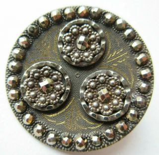Pristine Large Antique Vtg Victorian Metal Button W/ Cut Steel Accents (q)
