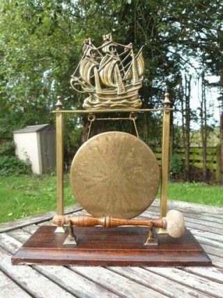 Antique Vintage Nautical Style Brass & Wood Table Top Dinner Gong With Striker.