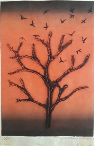Tokio Miyashita Japanese Modernist Sosaku Hanga Woodblock Print " Birds "