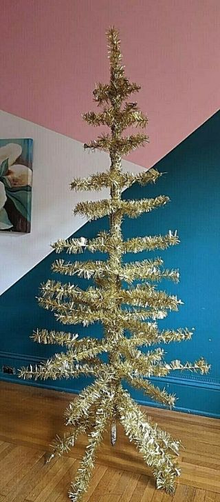 Rare Vintage 6 Ft Aluminum Gold Tinsel Christmas Tree Adjustable Wire Branches