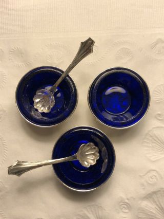 3 Sterling Silver Salt Cellars Cobalt Blue Glass Inserts 2 Mini Spoons