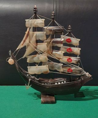 Vintage Oriental Ebonised Bone Model Ship / Junk,  Faux Tortoise Shell Sails