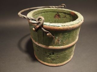 Primitive Antique Style Colonial Wood Berry Bucket Iron Handle Old Green Paint