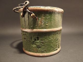 Primitive Antique Style Colonial Wood Berry Bucket Iron Handle old Green Paint 2