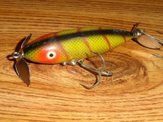 Vintage Fishing Lure 9140 Heddon Wounded Spook Perch Scale Creme Eyes C.  1950 
