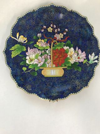 Fine Old Chinese Cloisonne Enamel On Brass Floral Basket Desinplate 9” Ex Cond