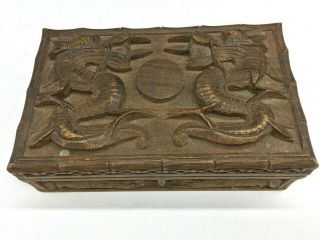Antique Chinese Wood Hand Carved Dragon Hinged Box Humidor