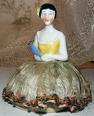Antique Porcelain Pin Cushion Flapper Half Doll Boudoir Vanity Silk Skirt Fan