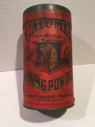 Antique Calumet Baking Powder Tin Paper Label Advertising Indian Head 1 Lb.  Can