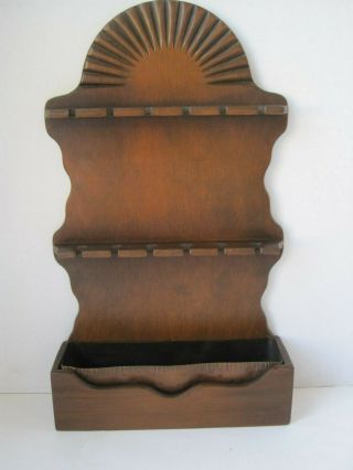 Vintage Antique Style Old Country Primitive Wood Spoon Rack With Candle Box