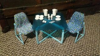 Vintage Barbie Dream House Blue Kitchen Dining Table Chairs And Serving Set