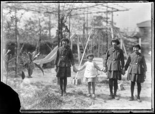 Antique Glass Negative / Four Young Girls / Japanese / C.  1920