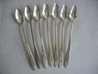 S/7 National Silver Co 1937 Rose & Leaf Silverplated 7 3/8 " Iced Tea Spoons