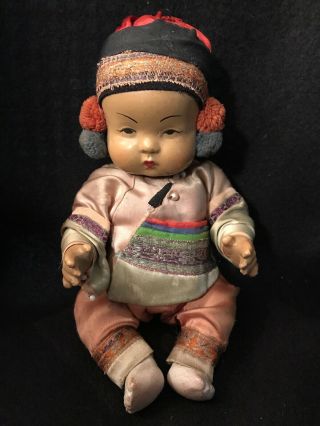 Antique 1930s Ming Ming Composition Chinese Baby Doll In Silk Clothes W/ Pearls