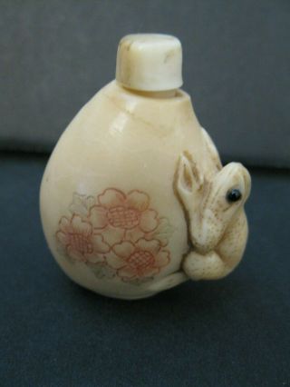 Carved Vintage Chinese Snuff Bottle With Spoon Frog And Floral Motif