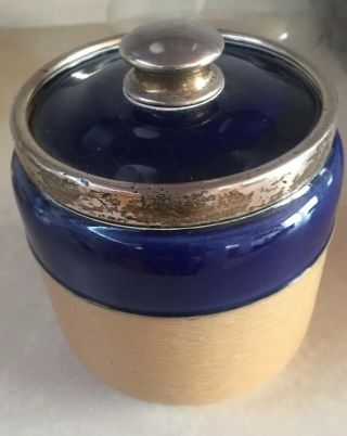 Antique Royal Doulton Sterling Silver And Stoneware Tobacco Jar Cobalt Blue