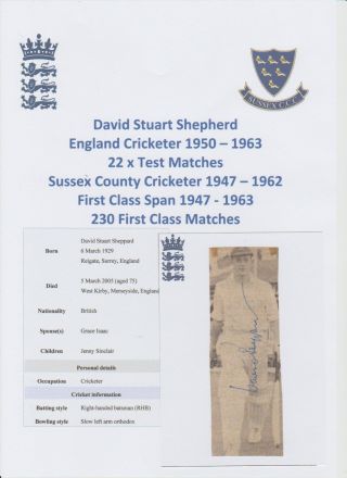 David Shepherd England Cricketer 22 X Tests 1950 - 1963 Rare Hand Signed