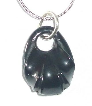 Antique Victorian Carved Whitby Jet Piece Pendant On A 20” Silver Plt Chain