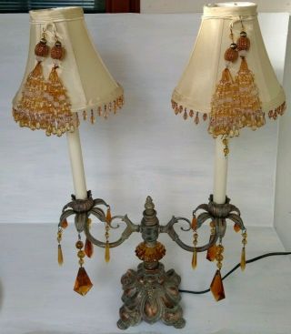 Large Antique Art Nouveau Style Table Lamp With Bronze Effect And Amber Glass