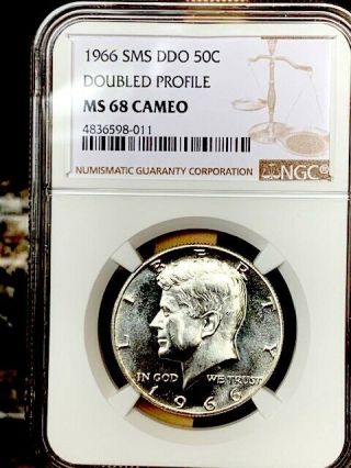 1966 Kennedy Double Die Obv - Doubled Profile Ngc Sms 68 Cameo Rare