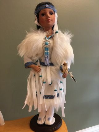 Native American 17” Porcelain Doll Holding Small Bird