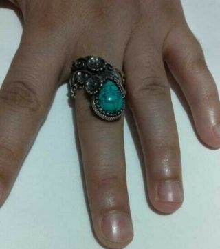 Ancient Antique Victorian Silver Ring Natural Turquoise Stone Bohemian Gypsy