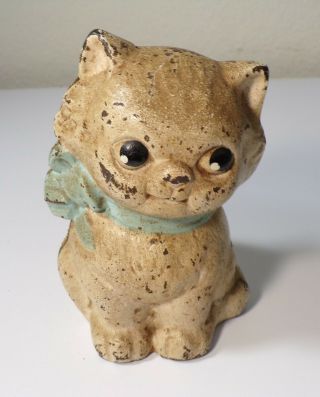 Antique Hubley Seated Kitty Kitten Cat With Bow Cast Iron Painted Still Bank