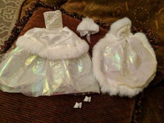 Barbie Doll Clothes - Vintage White Fur Wrap W/ Sequins Dress Hat Shoes