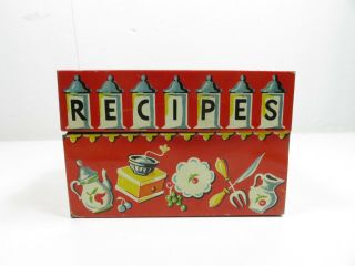 Rare Vtg No.  801 Stylecraft Red Hinged Recipe Box Tin Metal,  8 Alphabet Cards