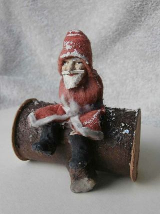 Rare Antique German Santa Claus On A Log Candy Container
