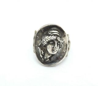 Antique Repousse Art Nouveau Coin Silver Lady Liberty Pop Out Ring,  Size 5