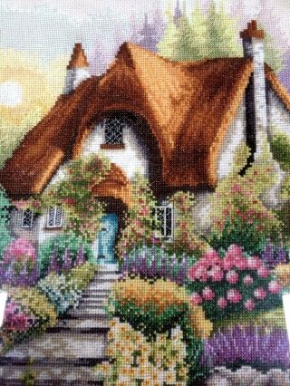 Vintage Hand Embroidered Cross Stitch Picture Cottage & Garden