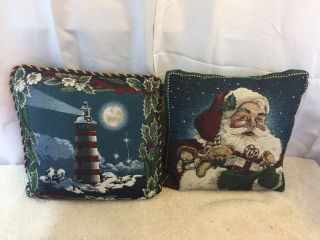 2 Vintage Needlepoint? Pillow Christmas Santa Lighthouse 16x16