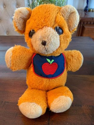 Vintage Fisher Price Freddy Teddy Bear 1975 Squeaker Apple Bib Plush 418 Orange