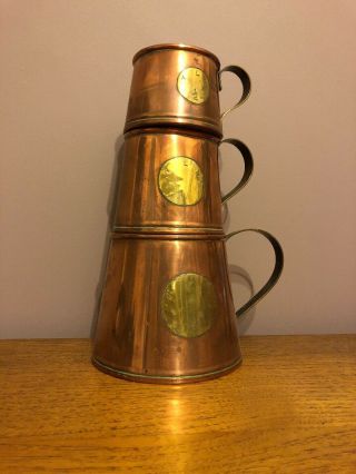 Three Antique Vintage Copper Ale Tankards Cups Jugs (1/2,  1 And 2)