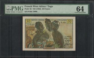 French West Africa (togo) 50 Francs P 45 Nd (1956) Pmg 64 Rare