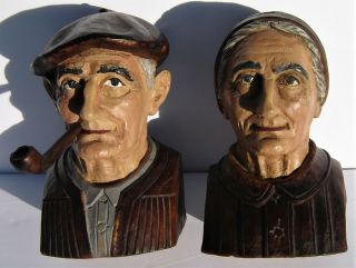 Vtg.  Exceptional J.  Alberdi Wood Carving Old Basque Couple Completewith Pipe Nm