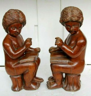 2 X Stunning Hand Carved Gothic Reading Boy Wood Sculptures Figures