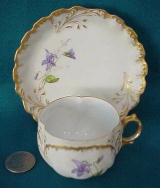 Antique Gorgeous Limoges Demitasse Cup & Saucer Hand Painted Irises M.  Redon MR 3