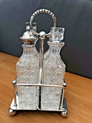 Victorian Cruet Set With Silver Plate Stand & Solid Silver Bottle Lids 1873