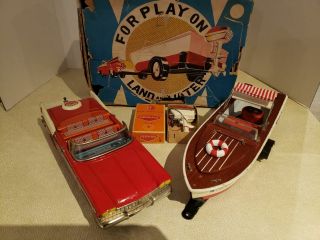 Rare Alps Japan 1959 Plymouth,  Boat,  Out Board Motor,  Trailer,  Box Set