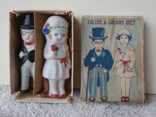 Cute Nib Vintage All Bisque Bride & Groom Set Japan Dolls 3 1/4 " Box